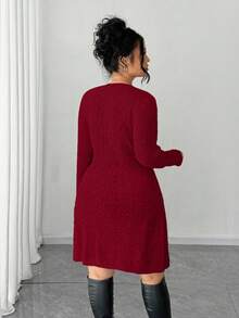 SHEIN Elenzya 女士纯色蝴蝶结优雅派对毛衣连衣裙 - 紅色 - 查看 2