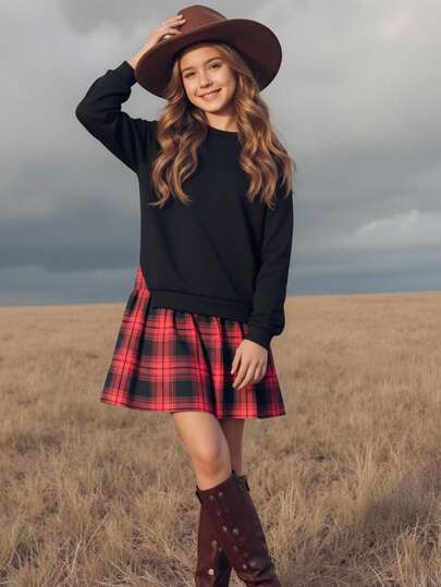 Emery Rose Kids Emery Rose Kids Tween Girls Colorblock Long Sleeve Casual Dress, School Dress, Sweatshirt Dress For Autumn/Winter Fall Dresses Tween Girls Colorblock Long Sleeve Dress, Red Dress, Red Sweatshirt, Suitable For Everyday, Party, School Wear Girls Red And Plaid Sets Dress For Baby Girl Red Autumn And Winter Young Girls Clothes Dress Girls Red Outfits Red Skirt Kids