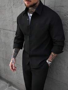Manfinity Homme 男士秋冬小格纹经典双口袋长袖衬衫搭配弹力抽绳长裤两件套，适合休闲、办公、居家、聚会、约会、商务、驾车或骑行等各种场合，正式或非正式皆宜，自用或送礼皆宜。 - 黑色 - 查看 6