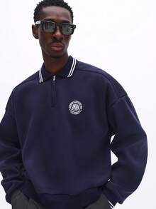 SUMWON 宽松版型四分之一拉链 Polo 衫，领口和袖口饰有滚边细节，休闲日常上衣，纯色 - 藏蓝色 - 查看 4