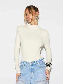 KIZN Bộ đồ liền thân cổ cao tay dài có đệm vai ấn tượng và kiểu dáng ôm sát cho phong cách tối giản đương đại - Màu be - Xem 5