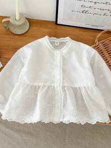 Genkimix Kids 女童休闲荷叶边领刺绣花边宽松白色衬衫，舒适亲肤，适合春季日常穿着 - 白色 - 查看 5