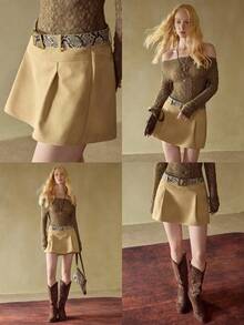 MOTF STUDIO SOLID FOLD PLEATED SKORT WITH SNAKESKIN PRINT BELT , FALL WINTER - Yellow - View 1