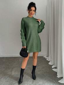 Elenzga Plus Size Solid Color Fitted Stand Collar Casual Versatile Long Sleeve Sweater Dress - Army Green - View 5