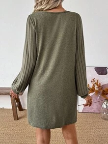 SHEIN Tall Casual Solid Color Lantern Sleeve Dress, Autumn, Tall Women - Army Green - View 2