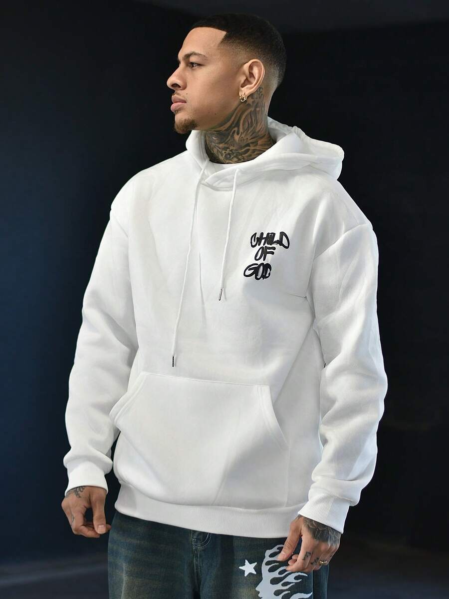 Devon Thys 男式字母印花长袖抽绳休闲连帽运动衫，返校季，秋冬 - 白色 - 查看 1