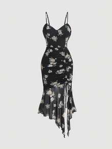 SHEIN MOD Floral Embroidery Mesh Overlay Cami Dress,Flamenco Dress - Black - View 1