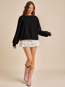 WESTFADE Fleece & Crochet Lace Crewneck Raglan Sleeve Boxy Fit Sweatshirt Back To School Fall Clothes - Black - View 6