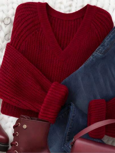 EMERY ROSE Women's Solid Color V-Neck Casual Versatile Long Sleeve Pullover Sweater