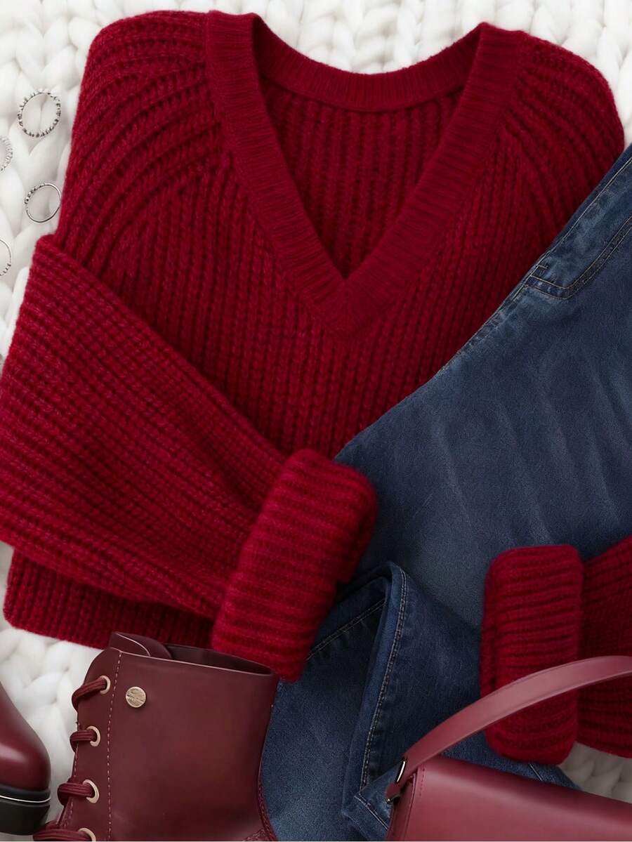 EMERY ROSE 女士纯色V领休闲百搭长袖套头毛衣 - 紅色 - 查看 1
