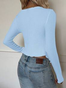 CovetEZ Áo len ôm dáng cổ tim màu xanh lam tay dài viền bất đối xứng cho nữ - Màu xanh lam - Xem 3