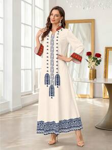 SHEIN Najma Women's Honeysuckle Floral & Geometric Retro Print V-Neck Long Sleeve Elegant Arabic Style Dress, Spring/Autumn Kaftan Jalabiya Dress - Multicolor - View 4