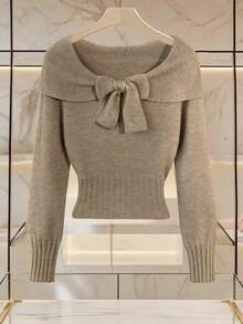 Franclia 女士简约时尚翻领蝴蝶结露肩长袖纯色针织套头衫秋冬女装女士毛衣短款上衣毛衣上衣蝴蝶结毛衣露肩毛衣女士秋装秋季女装秋季秋装女装秋季女装秋季女装秋季女装秋季女装优雅时尚休闲通勤商务办公日常休闲百搭气质都市教师职业装 - 卡其色 - 查看 3