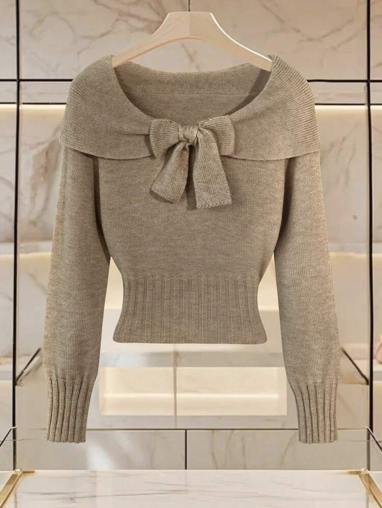 Franclia 女士简约时尚翻领蝴蝶结露肩长袖纯色针织套头衫秋冬女装女士毛衣短款上衣毛衣上衣蝴蝶结毛衣露肩毛衣女士秋装秋季女装秋季秋装女装秋季女装秋季女装秋季女装秋季女装优雅时尚休闲通勤商务办公日常休闲百搭气质都市教师职业装 - 卡其色 - 查看 3