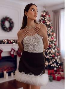 Falda Chic Para Fiesta Navideña Ajustable Corta con ribete de peluche - negro - Ver 1