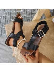 Sandalias planas para mujer, sandalias planas con correa y hebilla calada, estilo europeo y americano, combinadas con sandalias de playa a la moda. - Negro - Ver 5