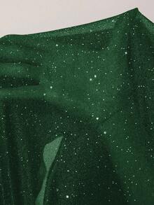 Cravure 大码女士优雅修身露肩亮片装饰网纱拼接纯色披肩袖长款派对连衣裙 - 綠色 - 查看 4