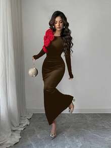 Rafferiza Women's Autumn/Winter Round Neck 3D Floral Velvet Bodycon Waist Cinching Long Dress, Elegant Party & Christmas Evening Gown Long Brown Dress Chocolate Brown Dress Brown Velvet Dress Long Sleeve Brown Dress - Brown - View 3