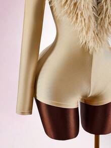 Amplova 女士毛绒连体衣，人造毛领拼接深V领长袖紧身连体裤 - 彩色 - 查看 6