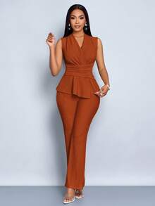 SOLERSUN 女款杏色优雅V领长袖T恤阔腿裤两件套不对称下摆两件套日常休闲女装春夏无袖短袖 - 棕色 - 查看 3