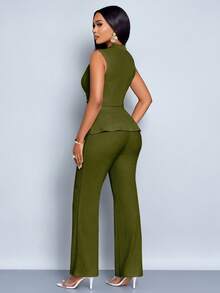 SOLERSUN 女款杏色优雅V领长袖T恤阔腿裤两件套不对称下摆两件套日常休闲女装春夏无袖短袖 - 墨綠色 - 查看 2