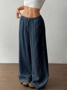 Flirla 女款超低腰休闲棉质直筒裤 - 藏蓝色 - 查看 3