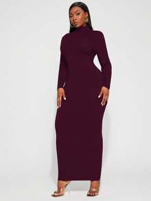 Radiana Vestido Básico Diário Elegante e Sexy para Mulheres Plus Size, Gola Alta, Modelagem Justa, Adequado para Uso Diário e Apresentações de Música Country - Vinho - Visão 6