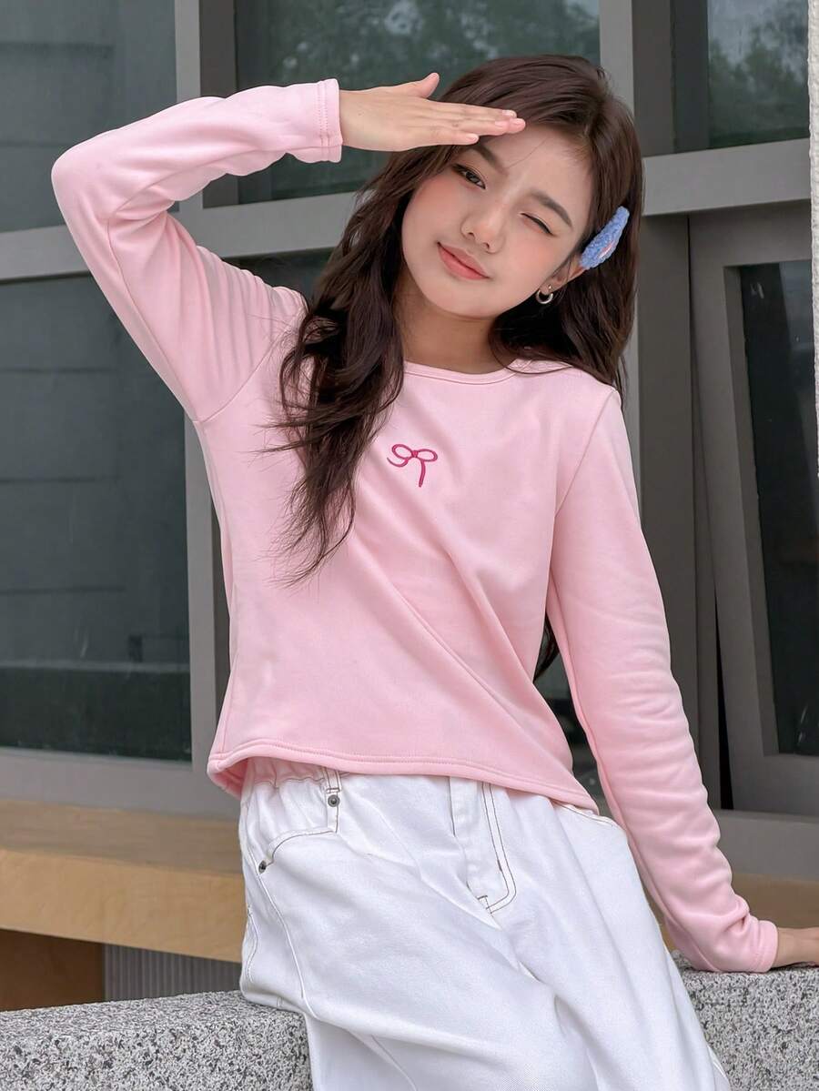 DAZY 女童圆领针织抓绒T恤,带刺绣蝴蝶结,适合青少年女孩秋季穿着 - 粉色 - 查看 1