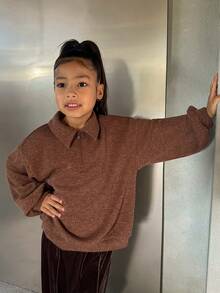 DAZY Young Girl Plain Drop Shoulder Long Sleeve Turndown Collar Half Placket Casual Sweatshirt - Brown - View 3