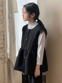 DAZY Áo khoác vest viền bèo nhún một hàng khuy trơn màu dành cho bé gái tuổi mới lớn - màu đen - Xem 3