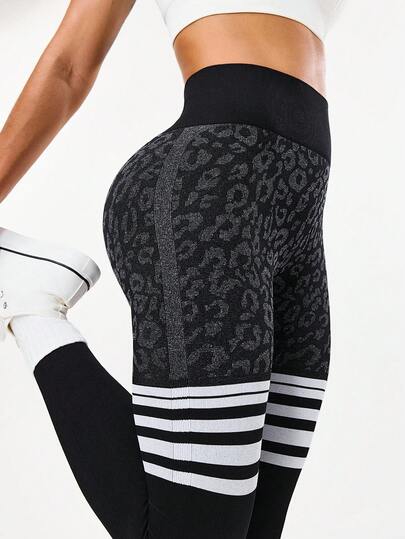 Seamluxe SHEIN Sport Leggings de longitud completa con estampado de leopardo degradado en blanco y negro, sin costuras, con retención de forma y control de abdomen, aptos para yoga y actividades deportivas