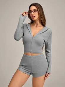 女士舒适纯色前拉链露脐上衣和短裤睡衣套装 - 淺灰色 - 查看 3