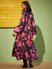 Felipe Marques Women's Floral Print Black & Pink Flower Decor Wrap Bust Cinched Waist Puff Sleeve Loose Dress, Party, Vacation, Casual, Sexy, Elegant Long Dress, Autumn/Winter - Black - View 2