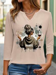 EMERY ROSE Y2K风格V领七分袖T恤，醒目图案，休闲时尚女式上衣，春夏佳礼 - 卡其色 - 查看 1