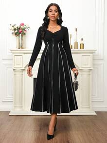 SHEIN Lady Women's Elegant Party Seam Pleated Mid-Length Dress - Black - View 4