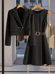 Modelyn 女式简约通勤中式立领西装外套和西装套装，秋季 - 黑色 - 查看 1