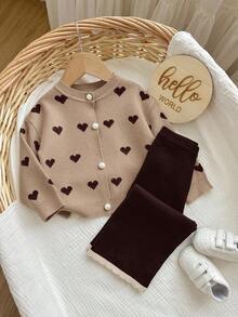 SHEIN Baby Girl Casual Heart Jacquard Cardigan And Knit Pants Set, Autumn/Winter - Khaki - View 7