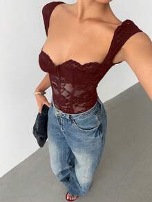 Aloruh Bộ đồ liền thân ren trơn màu gợi cảm thời trang dành cho nữ - Màu Đỏ Sâu - Xem 5