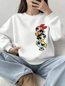 THE POWERPUFF GIRLS X SHEIN Tween Girls' Casual Patterned Long Sleeve Crew Neck Sweatshirt For Autumn & Winter - White - View 5