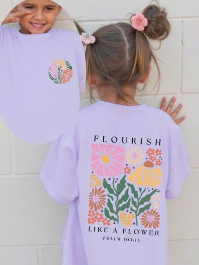 Girls' Simple Floral & Letter Print Short Sleeve Casual Tee, Fashionable, Comfortable, Vacation Style, Spring/Summer, School, Campus, College Summer Holiday