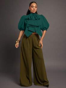 Vixey Áo dệt tay phồng nơ phóng đại có khóa kéo - Màu xanh lá cây đậm - Xem 2