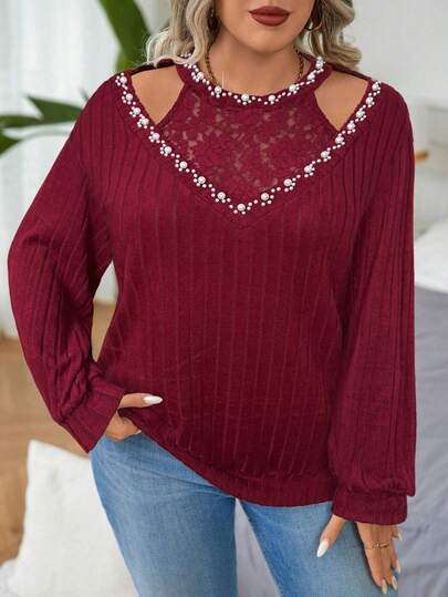 Elenzga Plus Size Women Elegant Knitted Textured Plus Size Sweatshirt With Random Pearl Decor And Contrast Lace