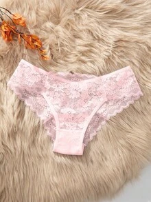 Seamless Lace Trim Sexy Sheer Panties (Thong), Pink