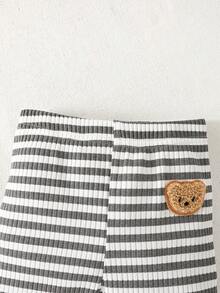 Newborn Baby Bear Ribbed Pants&T-Shirt,Gray & White Stripes,Adorable Bear Applique Decor,Soft & Comfortable Striped Outfit Set For Newborns - Grey - View 5