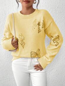 EMERY ROSE Crew Neck Pullover Autumn/Winter Top, Pink Butterfly Sequin Embroidered Sweater - Light Yellow - View 6