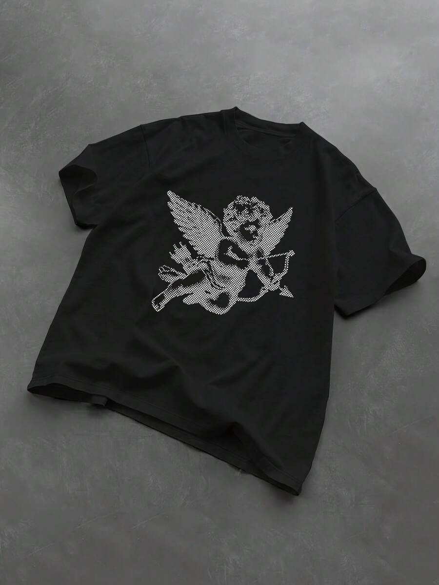 Glimmora 男士圆领天使印花宽松休闲标准T恤 - 黑色 - 查看 1