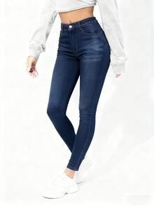 Jeans ajustados sexys para mujer] Jeans ajustados sexys para mujer, tejido elástico de mezcla de viscosa, color liso, con detalle de botón, para pantalones tejidos de otoño/invierno - Azul Marino - Ver 6