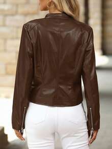 SHEIN PETITE CURVE 大码修身PU皮夹克，带拉链和保暖内衬，黑色PU皮高领法兰绒夹克，PU皮休闲街头风长袖女式常规夹克，适合秋冬季节，皮质抓绒夹克 - 咖啡棕 - 查看 2