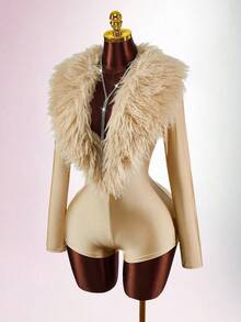 Amplova 女士毛绒连体衣，人造毛领拼接深V领长袖紧身连体裤 - 彩色 - 查看 4