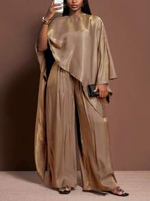 Veslaya 2025新款加大码女装冬季亮面面料斗篷式上衣宽松长裤两件套，适合圣诞节/新年/派对/展现女性优雅气质/闪亮两件套/感恩节/正式场合穿着 - 藕粉色 - 查看 5